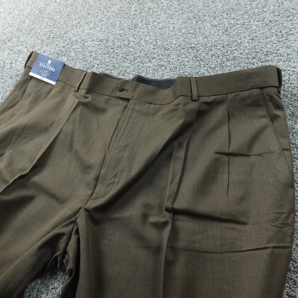 NEW Stafford Pants Mens 52X29 Brown Travel Chino Dress Trouser Pleated Cuffed